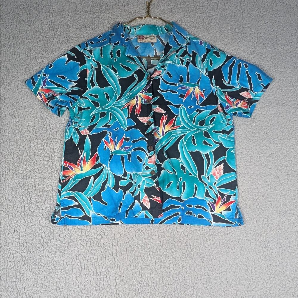 Hilo Hattie Hawaiian Shirt Womens Medium Blue Floral Button Down Shirt